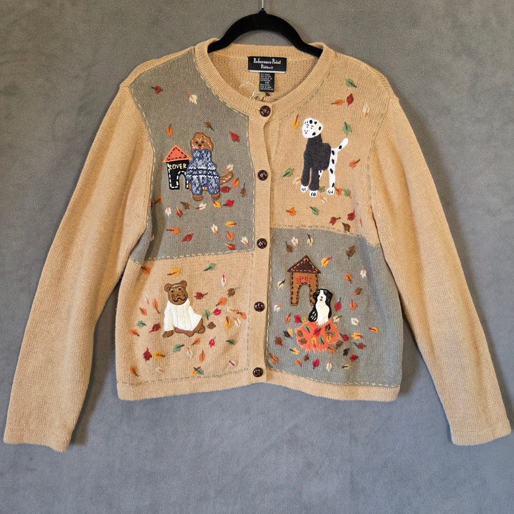 Reference Point Embroidered Dog Cardigan Sweater Petite Medium Whimsical